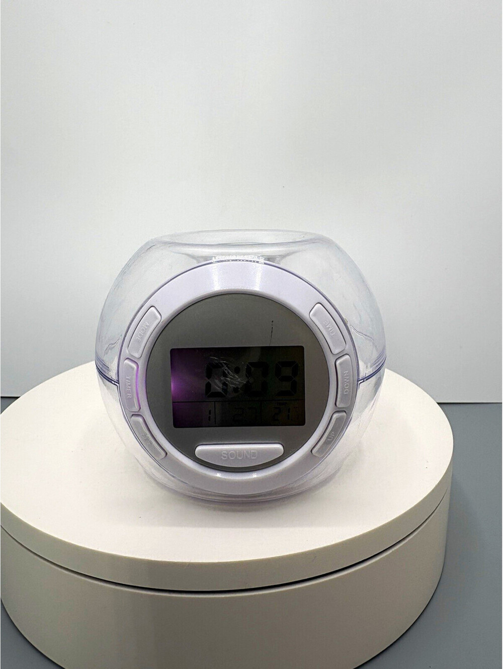 Round Clear Dome Digital LCD Alarm Clock Arabic Numerals Plastic White/Gray